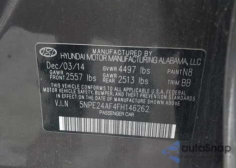 2015 Hyundai Sonata Se from USA, damaged, VIN 5NPE24AF4FH146262